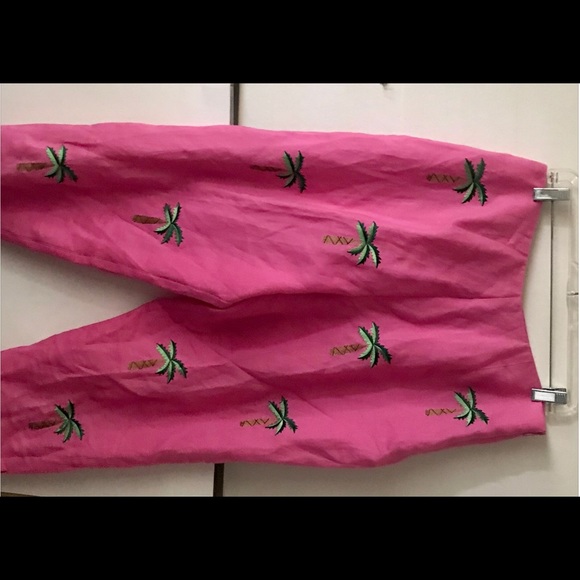 New CJ Laing Pink Linen Pants with Palm Trees Pink size 14 Cruise Summer - Picture 8 of 16